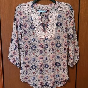 Maurices Sheer Blouse Tan With Blue & Peach Print Sz S